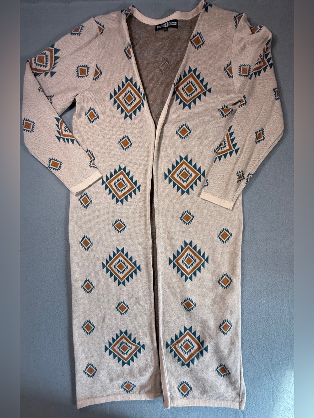 Aztec-Pattern Open Front Long Cardigan in Beige with Teal & Mustard Accents